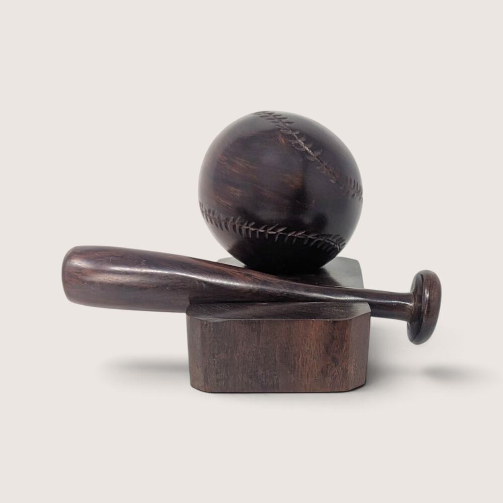 Vintage Wooden Baseball And Bat Figurine 1960s Hand Carved Sports Folk Art